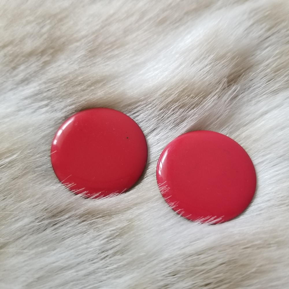 Vintage Mod Minimalist Red Enamel Button Earrings - image 1